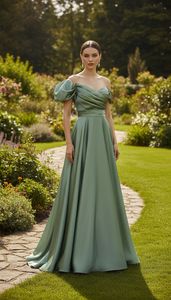 ชุดเดรสผ้าซาตินยาวหรูหรา แขนพอง ปิดไหล่ ชุดราตรีสำหรับงานแต่งงาน - Product Image 4