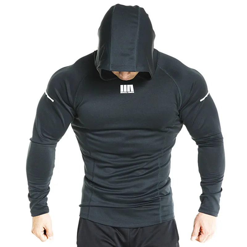 Phòng tập thể dục của nam giới hoodie dài tay áo Skinny trùm đầu áo cho người đàn ông thể thao tập thể dục quần áo chạy giản dị Workout Áo thun Tops