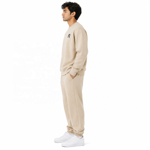 Men's Beige Crew Neck Sweatshirt Drop Shoulder Hoodies Fleece Regular Fit Solid Color Front Logo <b>Tracksuit</b> and Jogger Set B2B - Product Image 4