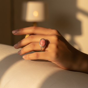 Bague en argent 925 style Bohème Classic Art Palace avec pierre précieuse corail rose taille ovale sertie clos, bijou pour femme à porter au quotidien - Product Image 3