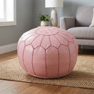 Handmade Pink Round <b>Leather</b> Pouf Cushion <b>Cover</b> Bohemian Style Embroidered Stitched Design Home Decor - Product Image 3