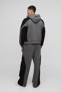 OEM Black Oversized Color Block Unisex Hooded Tracksuit Breathable Heavyweight 500GSM Panel Detail Wide Legg <b>Joggers</b> Crop Hoodie - Product Image 3