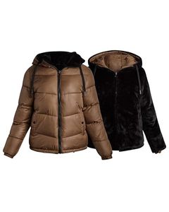 Veste d'hiver matelassée réversible à double boutonnage pour femme, avec capuche, en polyester, chaude et isolante contre le froid - Product Image 1