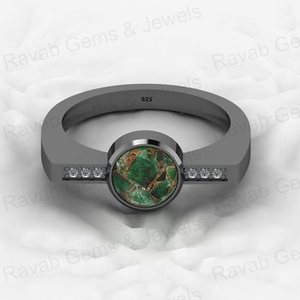 18K Gold 925 Silver 7mm Round Cabochon Green Peridot Copper CZ Diamond Stone Bezel Set Designer Band <b>Ring</b> Fine Jewelry For Women - Product Image 4