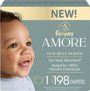 Pampers Amore, Talla 1 (8-14 lbs), 198 Unidades, Nuestro Mejor Pañal - Hipoalergénico y Sin Fragancia, Hasta un 100% a Prueba de Fugas - Product Image 1