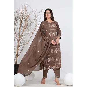 Women Cotton Embroidered Chiffon Kurta Set Casual Style Elegant Ethnic Wear <b>Kurti</b> with Dupatta 3/4 Sleeves Outfit - Product Image 3