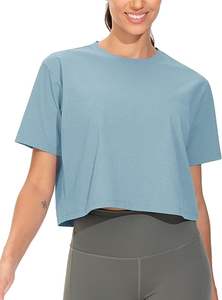 Top corto de verano para mujer, camiseta de Yoga de manga corta con cuello redondo y cuello redondo para correr, patrón sólido azul tinta con logotipo frontal - Product Image 2