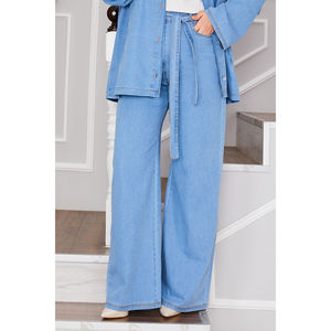 Conjunto de Pantalones y Chaqueta Vaquera Azul Claro, Estilo Modesto, con Cinturón de Encaje, Estampado Casual, Estilo Vintage para Vacaciones de Primavera/Verano - Product Image 4