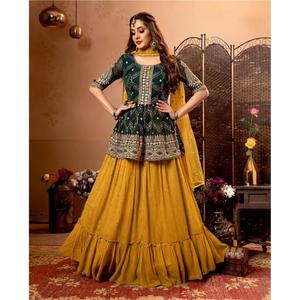 Indian Traditional Wedding Party <b>Suit</b> Crop Top Georgette Heavy Embroidery Top with Raffle <b>Skirt</b> Lehenga Net Dupatta Festive Wear - Product Image 1