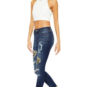 Wholesale Sexy Leopard Patch Slim Fit Denim Women High Waist Skinny Plus Size Jeans Destroyed Mid Rise Ripped Petite <b>Trousers</b> - Product Image 6