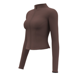 Veste de sport zippée slim pour femme, manches longues, côtelée élastique, protection solaire, tenue de yoga respirante, fine et écologique, devant - Product Image 1