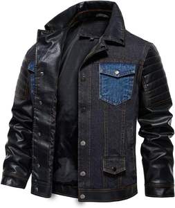 Manteau Slim pour Homme, Veste en Denim Faux Cuir Patchwork avec Col Montant, Fermeture Boutonnée sur le Devant, Languette de Taille Réglable, Poches Multiples - Product Image 4