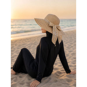 Camel-Colored Panaman Style <b>Floppy</b> Straw <b>Hat</b> Ribbon Detail Printed Leaf Pattern Natural Grass Seagrass Material for Headwear - Product Image 1