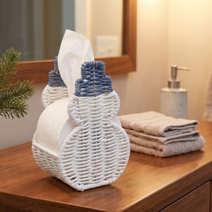 Porte-serviettes en rotin tressé naturel en forme de bonhomme de neige, décoration de table de Noël, distributeur de mouchoirs en papier sur pied, organisateur d'ustensiles pour les fêtes - Product Image 1