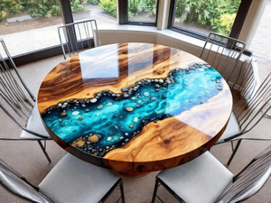 Table à manger en bois d'acacia en résine artisanale moderne de luxe, table de salon imperméable pour mariage, retraite, sympathie, Diwali - Product Image 2