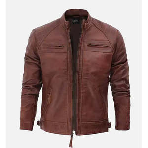 Chaqueta de Cuero Genuino de Piel de Oveja para Hombre, Estilo Café Racer, Acolchado Diamante, con Cierre de Cremallera - Product Image 3