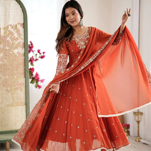 strapless open back dress 2-3 Days Delivery! Dresses for Women Party Wear Gown Kurtis Suit Georgette with Embroidery Work Traditional Red Color, Listing ID: 8880813998362 Red / main image 1