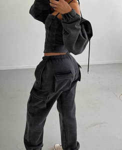 Ensemble de survêtement unisexe 3 pièces en molleton de coton avec broderie, effet délavé, pantalon cargo et sweat à capuche, idéal pour l'hiver et le streetwear - Product Image 3