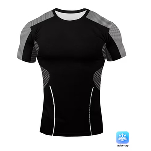 เสื้อออกกำลังกายดีไซน์ล่าสุด แบบรัดรูป ยูนิเซ็กซ์ สีดำ พิมพ์ลายด้วยความร้อน แขนสั้น ผ้าโพลีเอสเตอร์ผสมสแปนเด็กซ์ ระบายอากาศได้ดี - Product Image 1