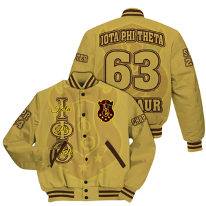 Iota Phi Theta Brown Gold Greek 1963 Varsity Jacket Letterman Fraternity Apparel Premium Classic University Outerwear - Product Image 1