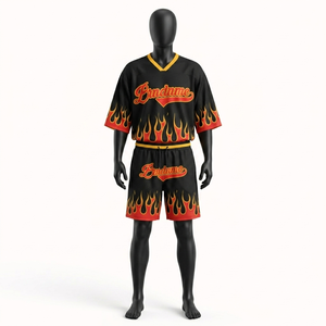 Women breathable polyester <b>mesh</b> jersey short <b>set</b> 150 GSM black red flame sublimation print custom logo sportswear Women's <b>Sets</b> - Product Image 1
