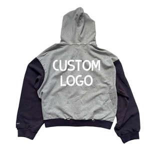 เสื้อมีฮู้ดแบบมีซิปสำหรับผู้ชายโอเวอร์ไซส์ผ้าฝ้ายฟอกสีเย็บติดโลโก้ออกแบบได้ตามต้องการสำหรับฤดูหนาว - Product Image 4