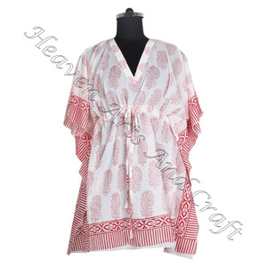 100% algodón mejor calidad Premium estampado de bloque de mano suave Kaftan KFCS008 peso ligero mujeres Casual ocasión desgaste corto caftán vestido - Product Image 5