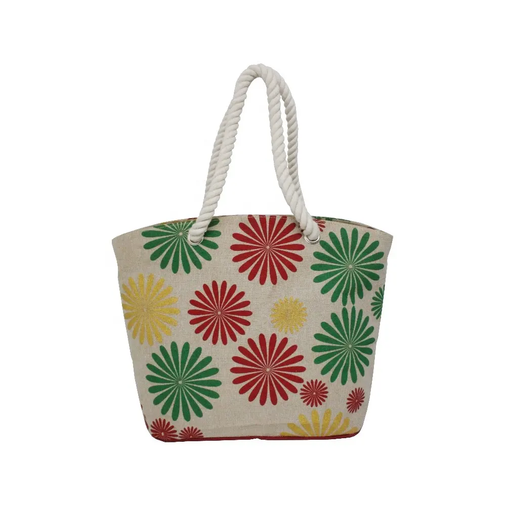 Burlap Cotton Bag Flower Print Pattern All Over Twisted Rope Handle PP Laminated Natural Juco Fabric Beach Bag