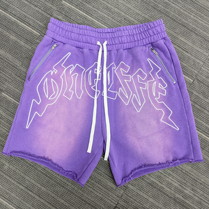 Pantalones cortos de algodón lavados con ácido de cintura alta para hombre, pantalones cortos franceses de lona transpirable para correr, logotipo con estampado de diamantes de imitación personalizado - Product Image 4