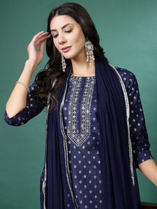 Kurtis de créateur exclusifs pour femmes, vêtements ethniques, tissu en coton pur, bleu marine, Kurti brodé droit, pantalon assorti, dupatta - Product Image 2