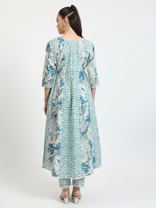 ชุด anarkali Palazzo สำหรับผู้หญิงพิมพ์ลายดอกไม้สีฟ้าและสีขาวแขน3/4สำหรับเด็กผู้หญิง - Product Image 5