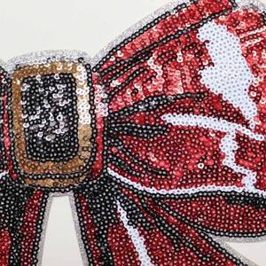 Wholesale Trending Custom Large Merrow Border <b>Christmas</b> Red Bow Sequin Patch Iron on Embroidery Patches - Product Image 2