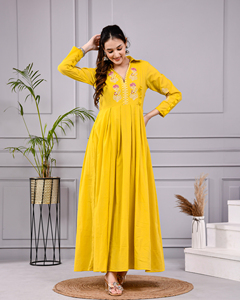 Kurta Anarkali jaune pour femmes, imprimé à la main |   Robe longue évasée en coton |   Vêtements ethniques indiens pour femmes en gros - Product Image 1