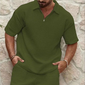 Trajes de verano de 2 piezas de alta calidad, Top cómodo y pantalones cortos, chándales cómodos, conjunto deportivo de Polo de Color sólido con gofres - Product Image 4