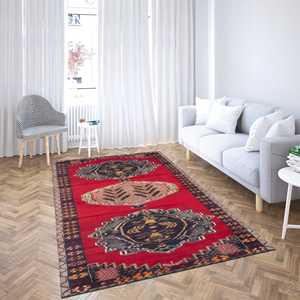 Red Kilim Design Printed Rug, Ethnic Turkish Pattern, Machine Washable,Chenille Rug - Product Image 2