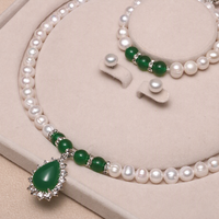 Set Perhiasan Mutiara Air Tawar Alami 3 Buah Kalung Gelang Anting 8-9mm Liontin Bentuk Air Mata JadeRitual