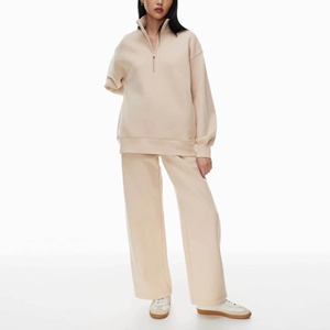 Conjunto de chándal de jersey con media cremallera Beige para mujer, conjunto de 2 piezas, Sudadera de cuello alto y pantalones de Jogger de ajuste relajado - Product Image 2