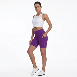 Shorts cyclistes pour femmes, taille haute, couleur violette, avec poches, séchage rapide, coupe ajustée, longueur courte, vêtements de sport - Product Image 3