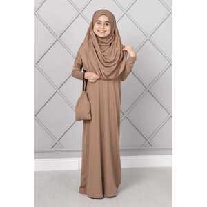 Vestido de Oración Modesto para Niñas en Color Café con Leche, Estilo Sencillo con Silueta Recta y Cintura Natural - Product Image 1
