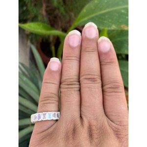 925 Silver Rainbow <b>Moonstone</b> Eternity Band <b>Ring</b> Emerald Cut Boho Style with Rhodium Plating Everyday Wear and Gift Option - Product Image 5