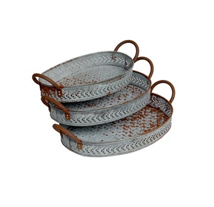 Juego de 3 bandejas para servir para USO HOTELERO, bandeja de metal galvanizado con mango ancho de cuerda de yute - Product Image 5