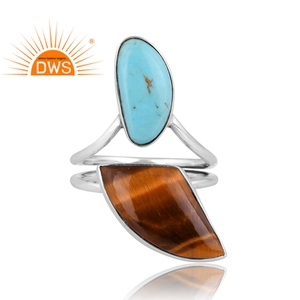 Venta caliente plata esterlina Ojo de Tigre natural amarillo y Kingman turquesa anillo de piedras preciosas para mujeres proveedor de joyería personalizada - Product Image 3