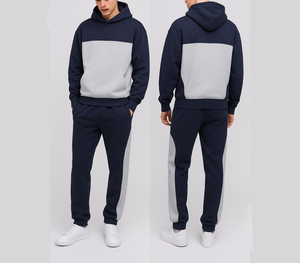 2025 hommes couleur bloc survêtement ensemble Logo personnalisé bleu marine gris à capuche survêtement pantalon vêtements de sport décontracté survêtement d'entraînement pour homme - Product Image 4