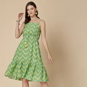 Robe A Line imprimée géométrique Viscos Rayon Tissu doux Nouveau <span class=keywords><strong>Romantique</strong></span> Sans Manches Casual Femmes Été Boho Prêt à Porter Robe - Product Image 1