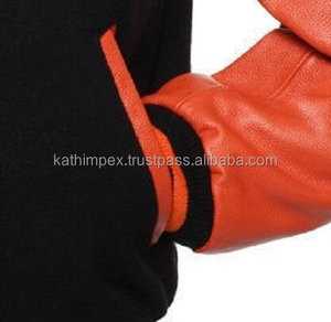 Chaqueta universitaria unisex disponible, chaqueta universitaria personalizada en negro y naranja, cuerpo de lana, Mangas de cuero, botón a presión, primavera de lona - Product Image 6