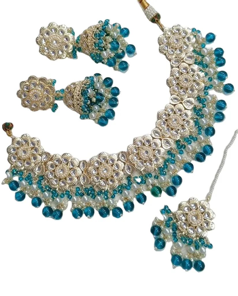 Ensemble de bijoux ethnique indien traditionnel plaqué or vert Kundan collier ras du cou boucles d'oreilles Maang Tikka grossiste