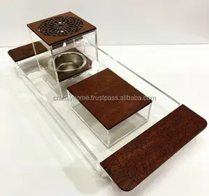 Atest-Juego de bandejas acrílicas rabic con bandeja única de madera y Acrycry, Incluye caja para Ramadán y ID id