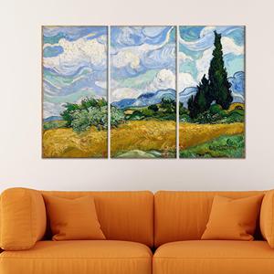 Impresión artística de campo de trigo con cipres: elegante obra de arte en lienzo, juego de 3 lienzos - Product Image 1