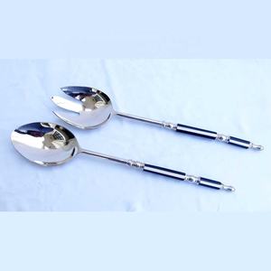 Stainless Steel Silver <b>Mirror</b> Polished metal decorative salad servers <b>Sky</b> Blue Beads Handle Salad Serving Cutlery Sets - Product Image 2