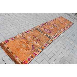 Alfombra Herki de 2.7x10.9 pies, Alfombra Turca Vintage, Alfombra de Camuflaje Naranja Rosa - Product Image 2